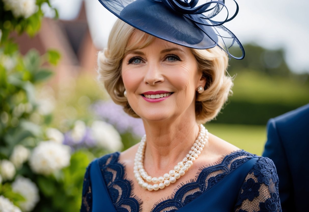 The mother of the groom wears a sophisticated navy blue dress with delicate lace details, complemented by a matching fascinator and elegant pearl jewelry