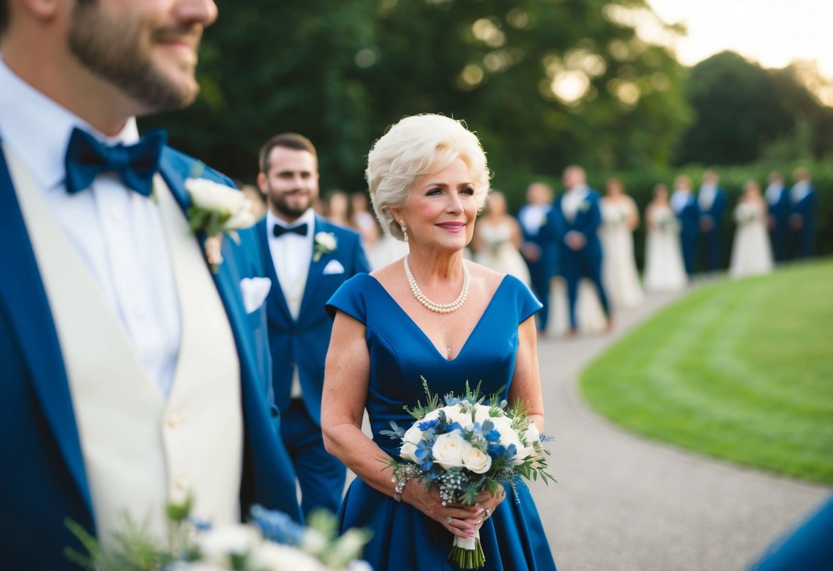 The mother of the groom wears a deep blue gown to the wedding