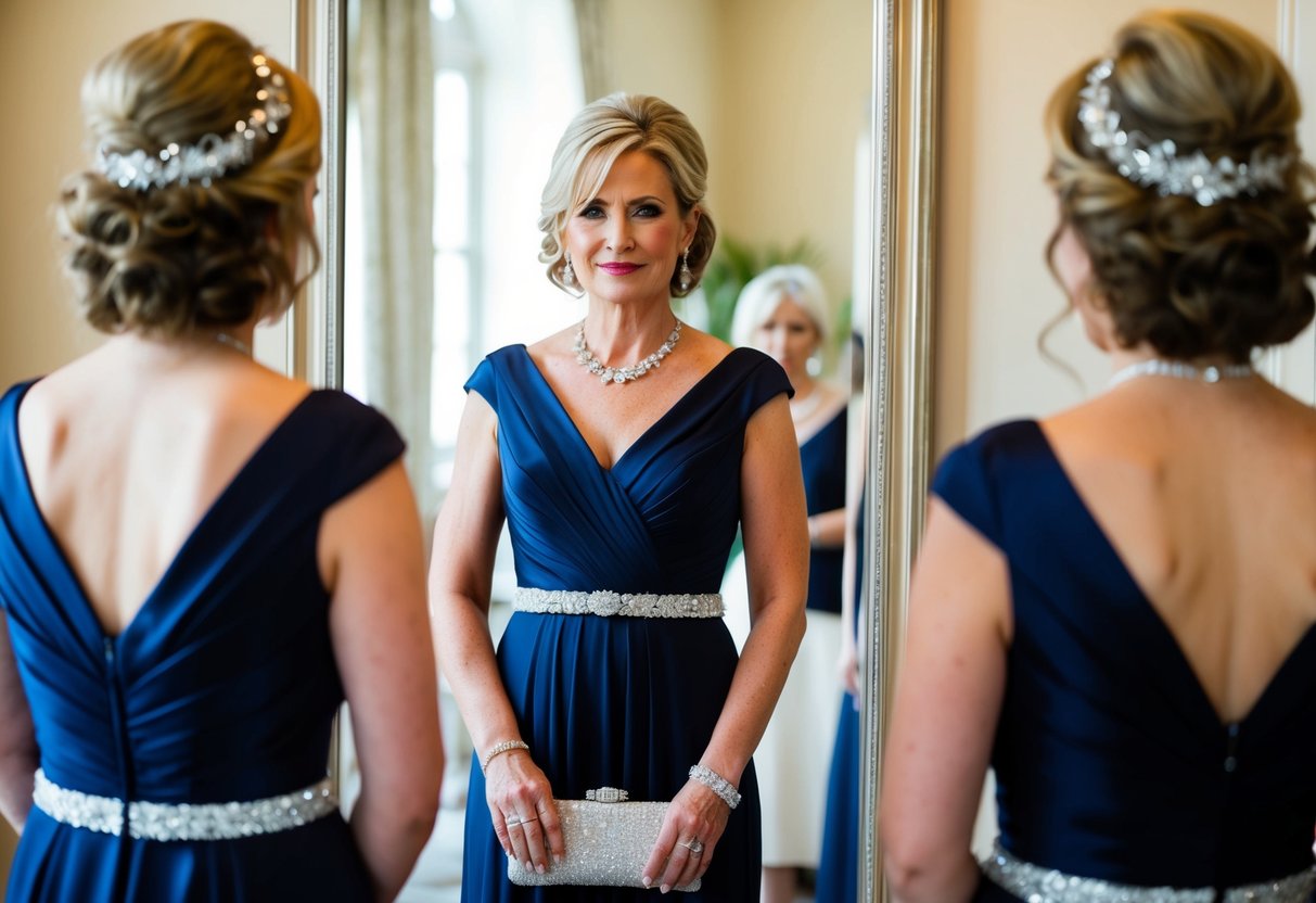 A mother of the groom wearing a deep navy blue dress, with silver accessories and a matching clutch, standing in front of a mirror