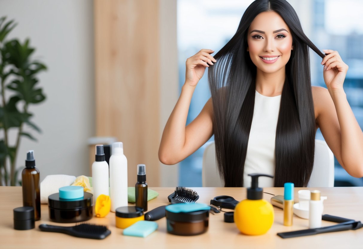 A woman's hair hanging down to her waist, with various hair care products and tools scattered around her