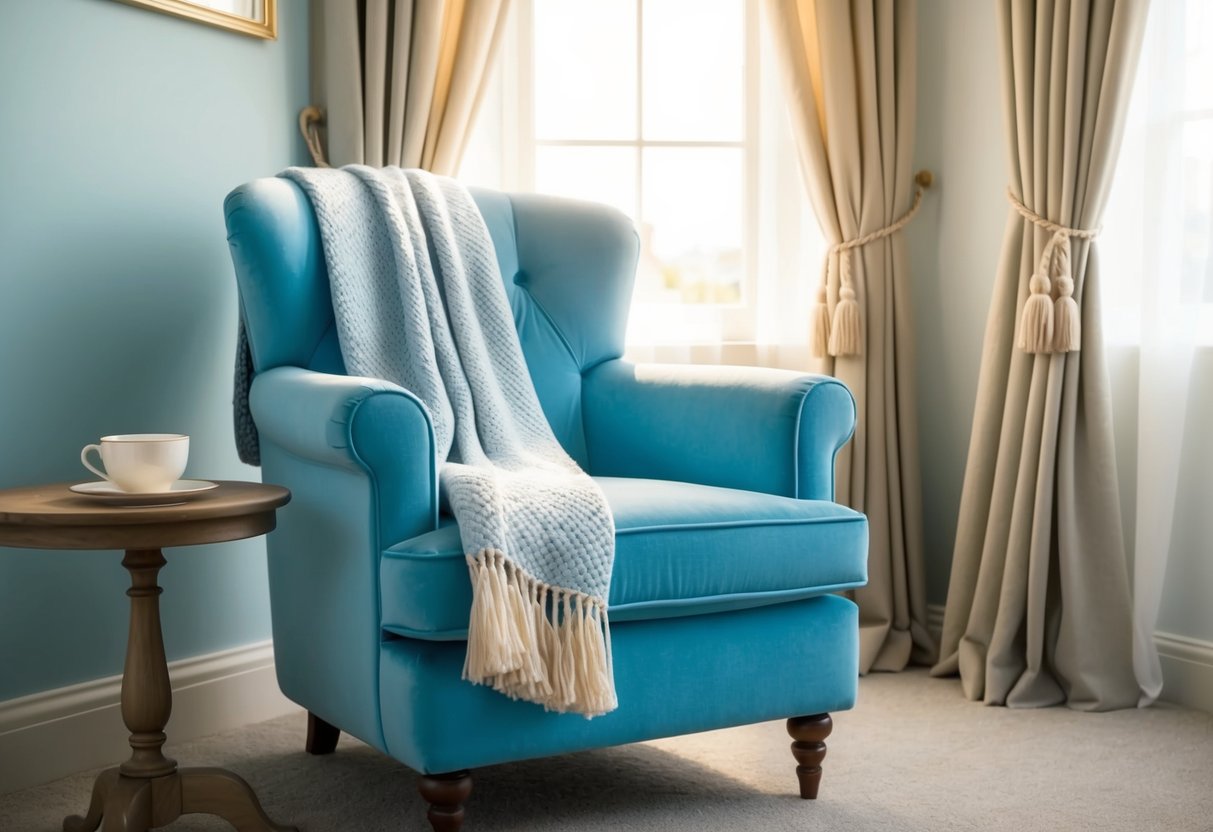 A serene, soft blue armchair with a cozy blanket draped over the back, a warm cup of tea on the side table, and a sunlit window with billowing curtains