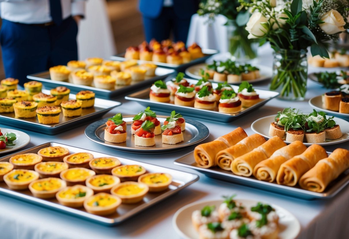 A table filled with trays of assorted appetizers and starters, including mini quiches, bruschetta, and spring rolls, all elegantly displayed for a wedding reception