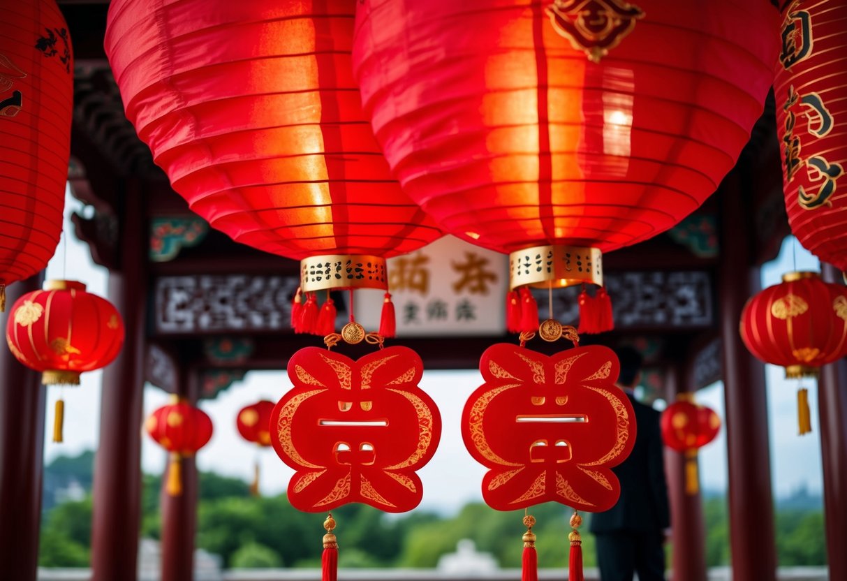 A traditional Chinese wedding with red decorations, including lanterns, and a pair of red double happiness symbols