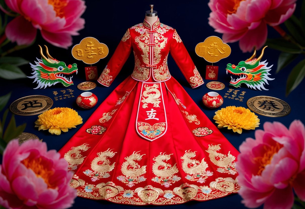 A vibrant red wedding dress surrounded by symbols of luck and tradition, such as dragon motifs and peonies, in a Chinese wedding setting