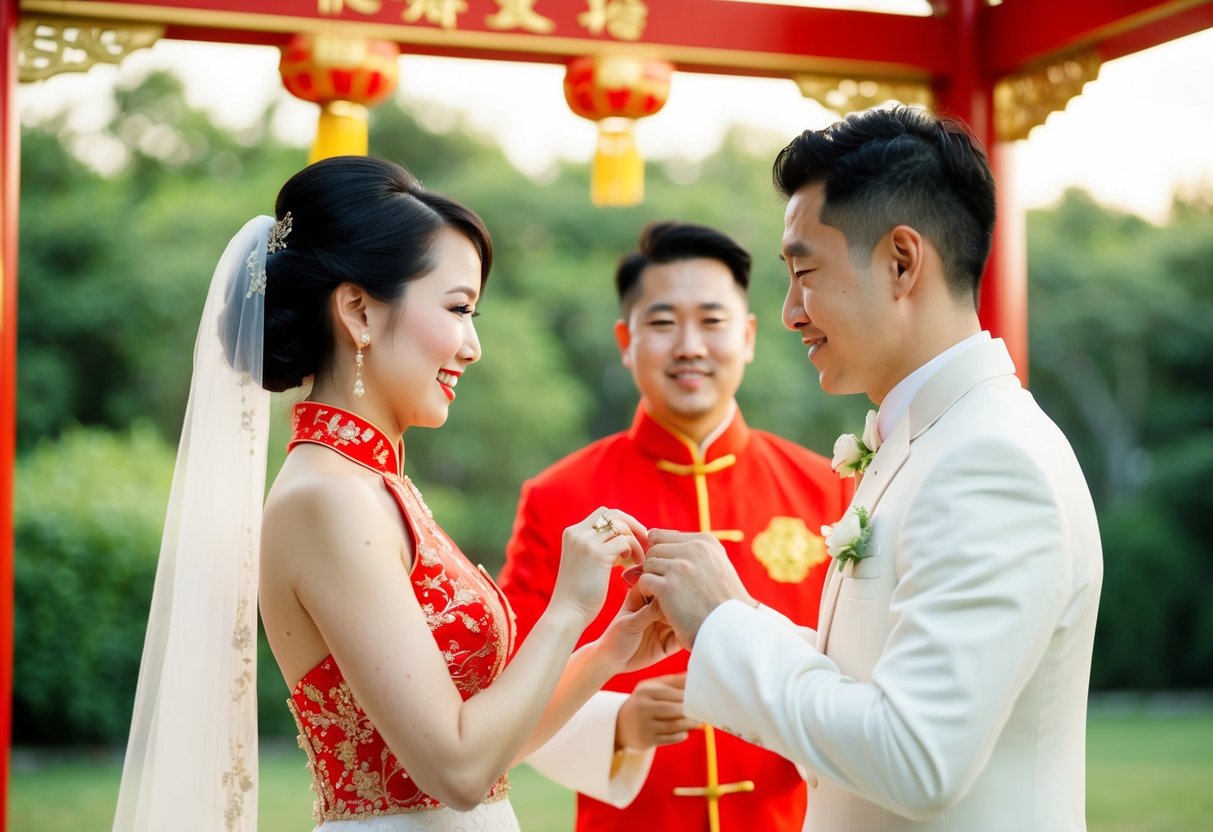 A bride and groom exchanging rings under a traditional Chinese red and gold wedding arch, symbolizing good luck and prosperity in marriage