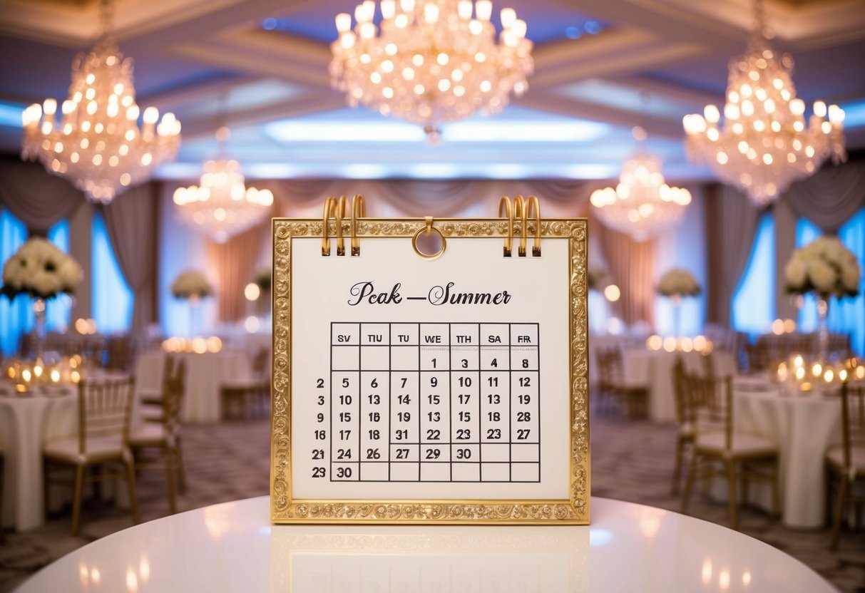 A lavish wedding venue with opulent decorations and a calendar showing peak summer months