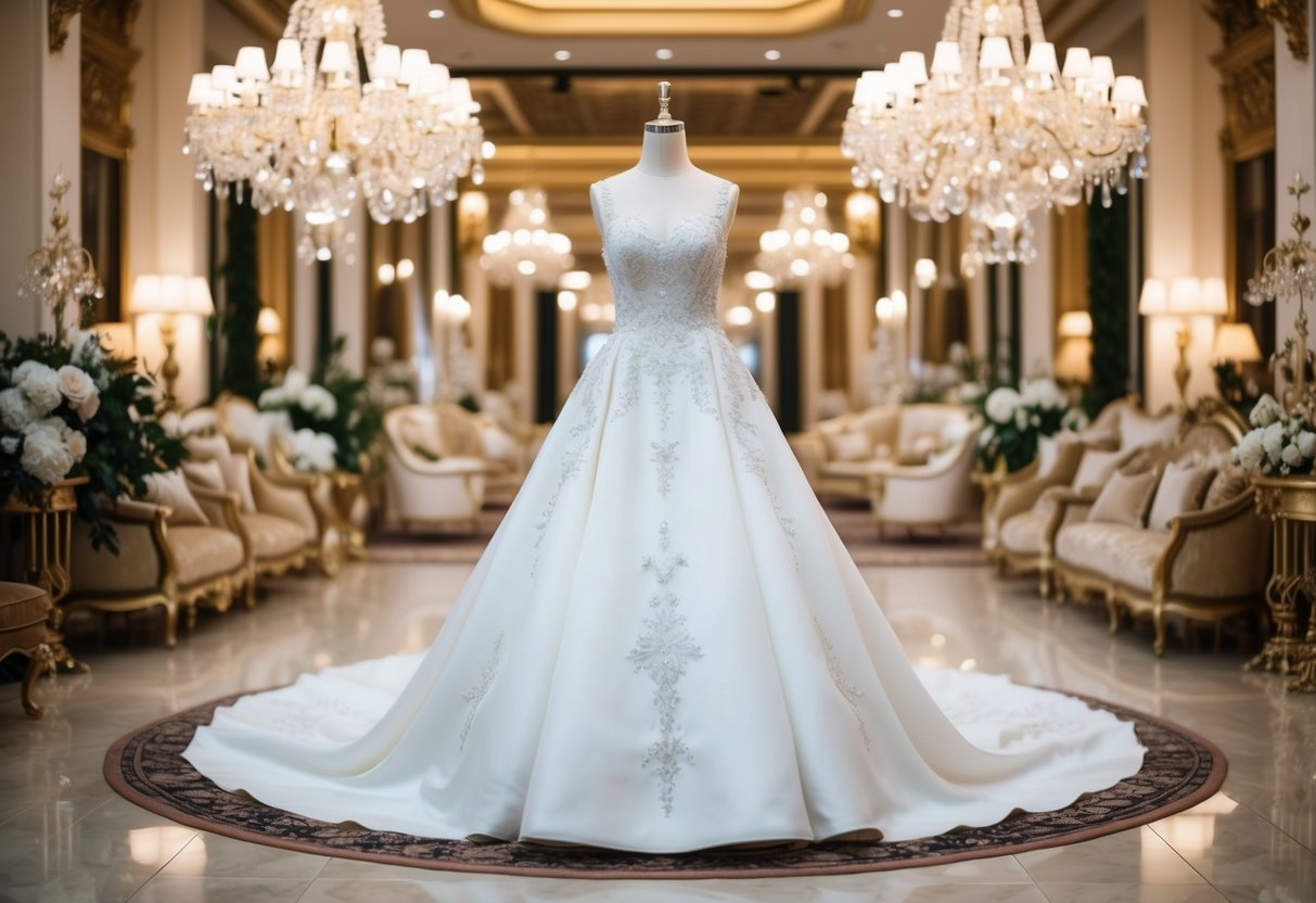 A lavish wedding dress displayed on a mannequin in a grandiose showroom, surrounded by opulent décor and luxurious fabrics