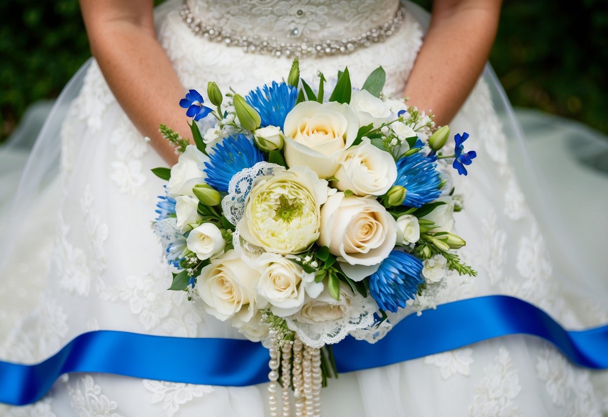 A bride's bouquet with old lace, new flowers, borrowed pearls, and blue ribbon