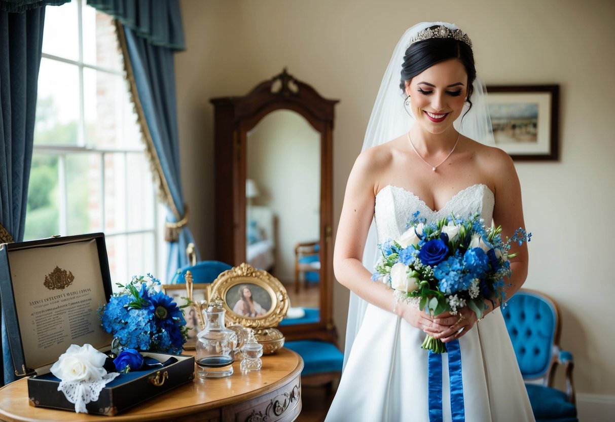 A bride wearing a vintage blue garter, holding a bouquet with blue flowers, standing near an old family heirloom, and surrounded by new and borrowed items