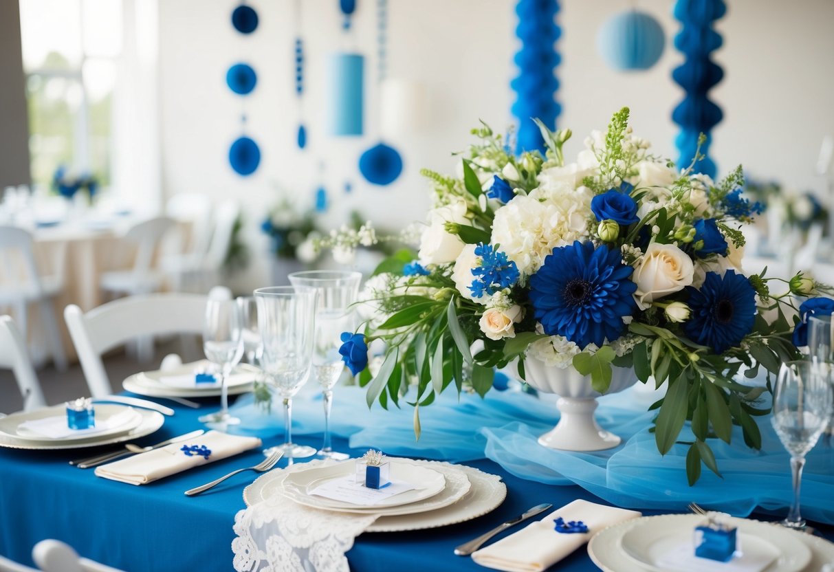 A modern wedding scene with a blend of old, new, borrowed, and blue elements, such as vintage lace, contemporary decor, borrowed jewelry, and pops of blue in the flowers and accessories