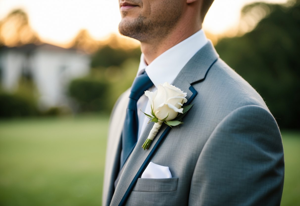 A groom's lapel with a white rose buttonhole