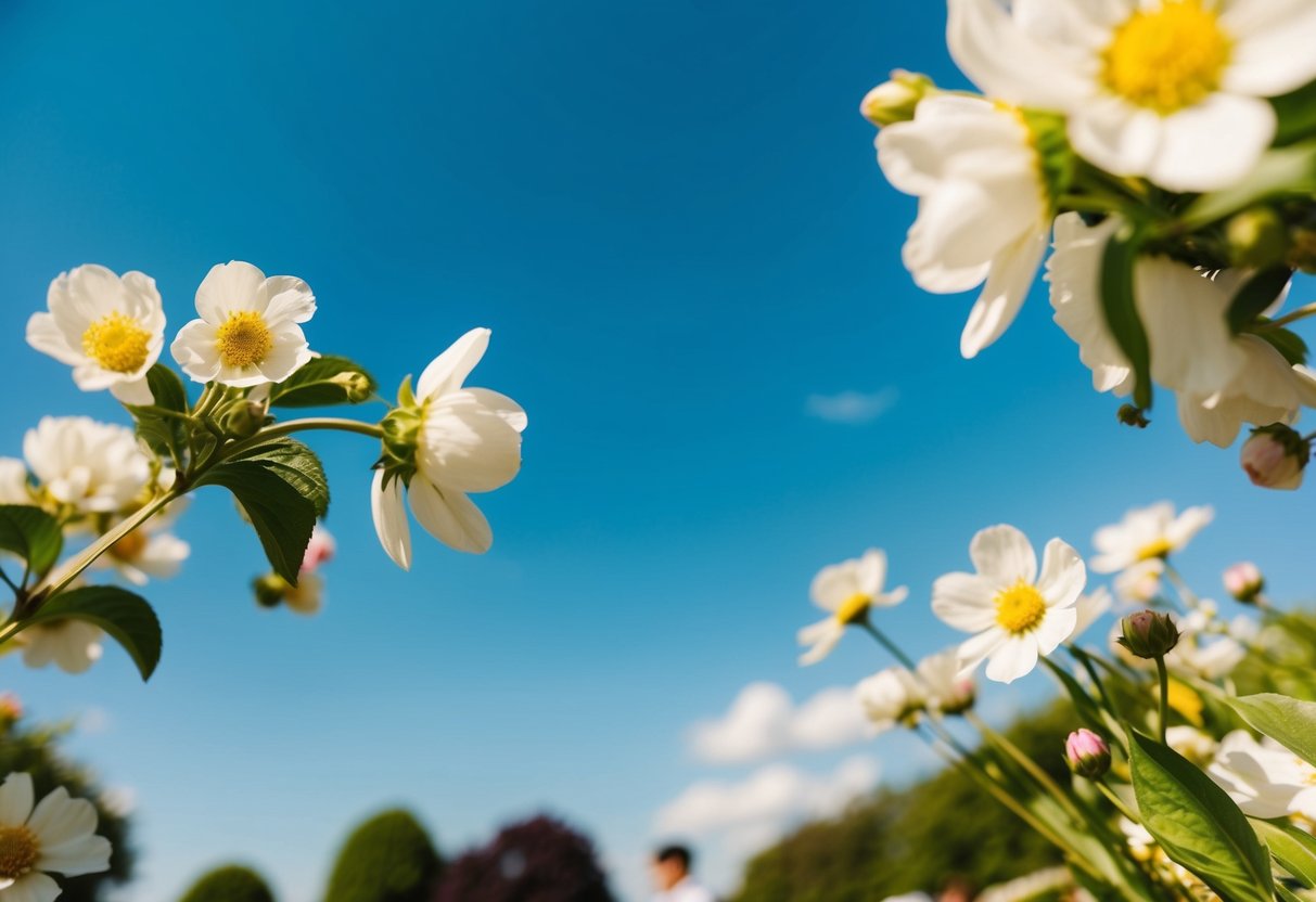 A sunny outdoor wedding in June with blooming flowers and a clear blue sky