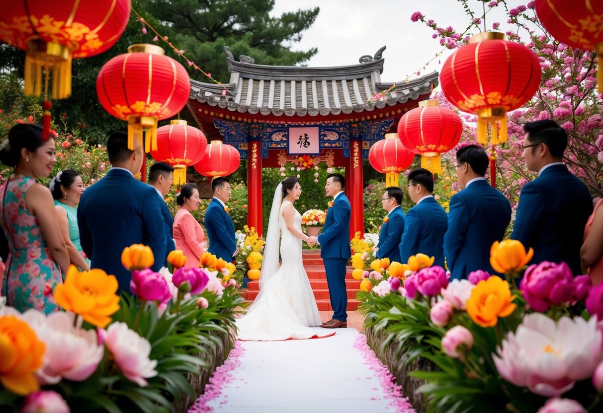 A traditional wedding ceremony set in a vibrant, blooming garden with colorful decorations and symbols of luck, such as red lanterns and peonies
