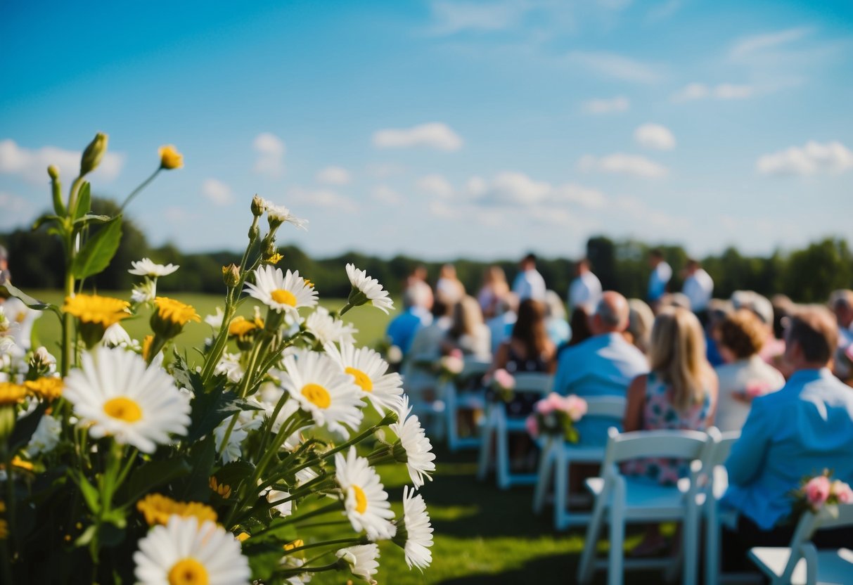 A sunny outdoor wedding in June, with blooming flowers and a clear blue sky