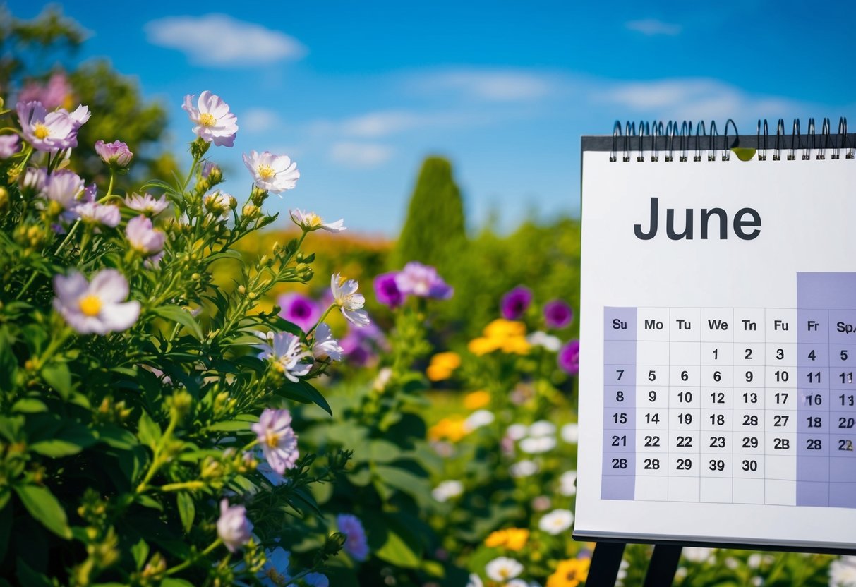 A lush garden with blooming flowers and a clear blue sky, with a prominent calendar displaying the month of June