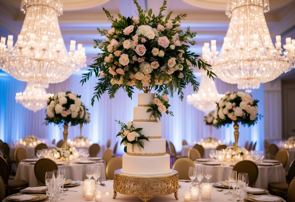 A lavish floral arrangement towering over an ornate wedding cake, surrounded by opulent table settings and shimmering chandeliers