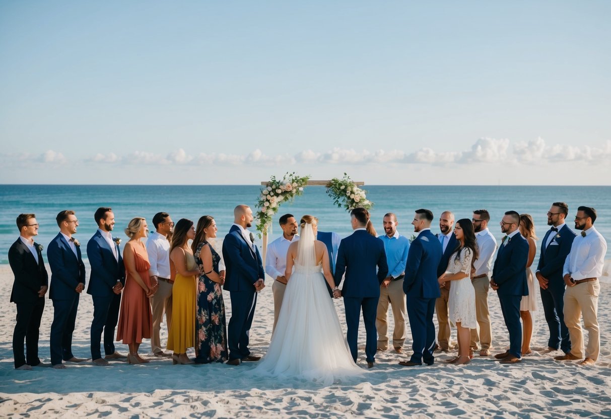 A group of people gathered on a beach, with a clear view of the ocean and a wedding arch in the background