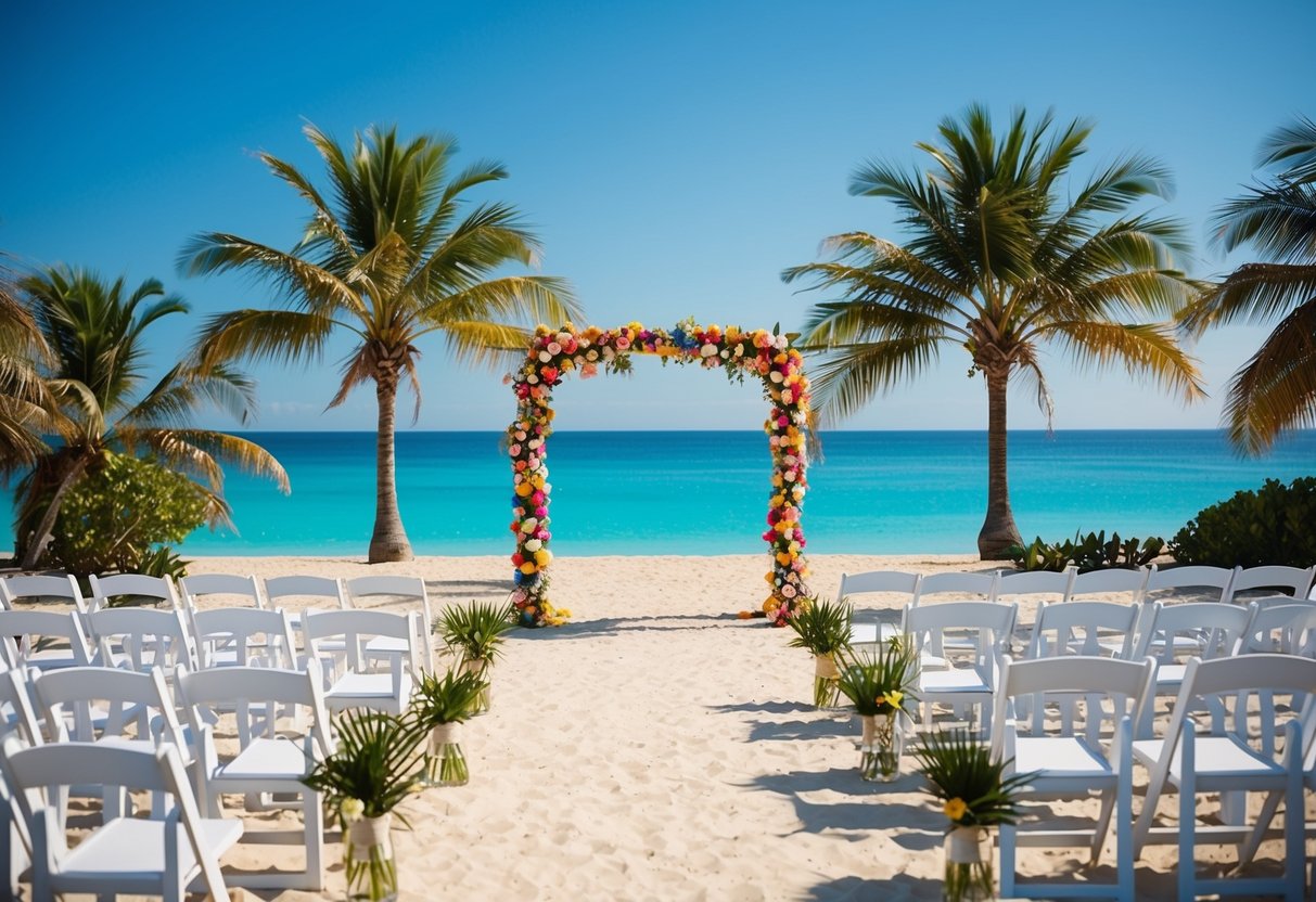 A sunny beach with a colorful wedding arch and chairs set up for a ceremony, surrounded by palm trees and a clear blue ocean in the background
