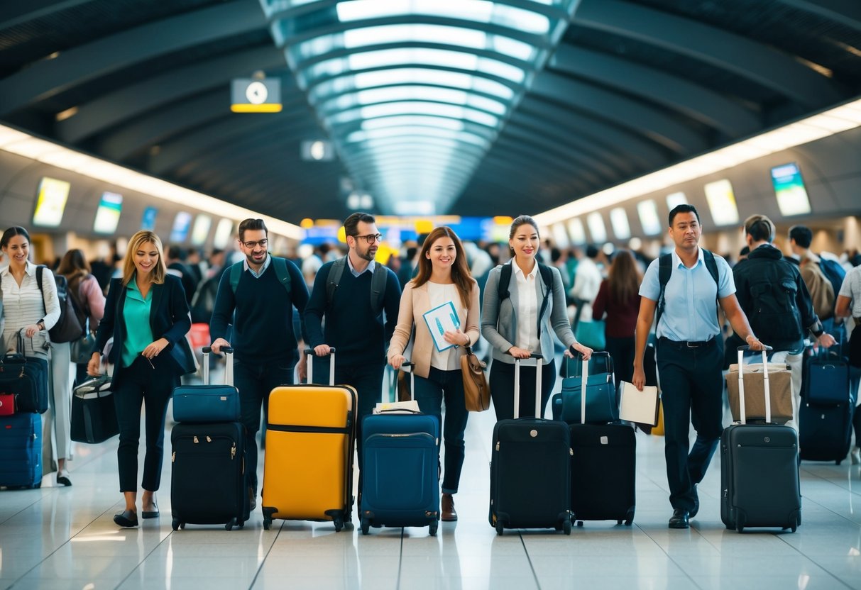 A group of people navigating through a crowded airport with luggage and travel documents, looking slightly overwhelmed