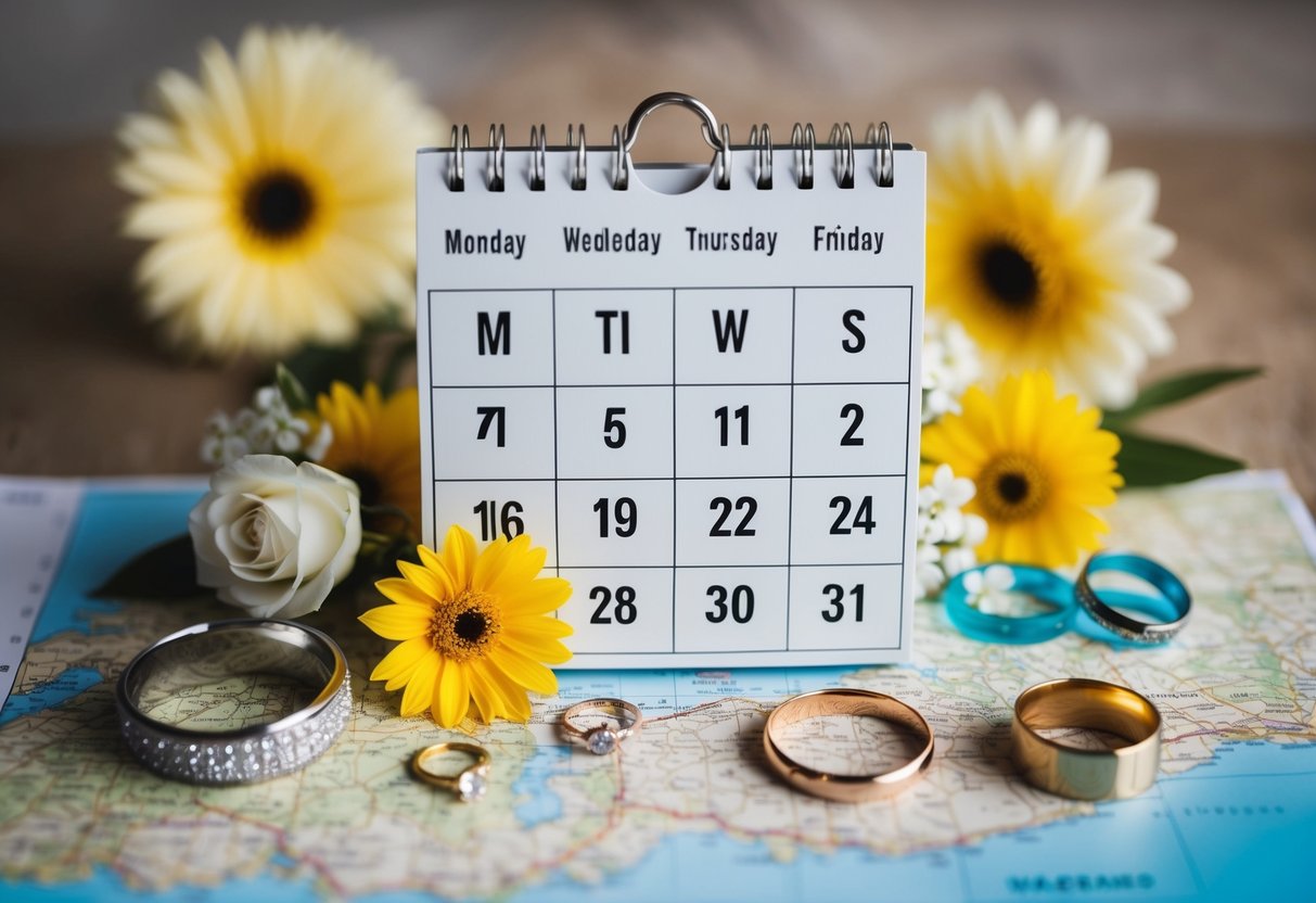 A calendar with different days of the week marked and surrounded by wedding-related items such as flowers, rings, and a map