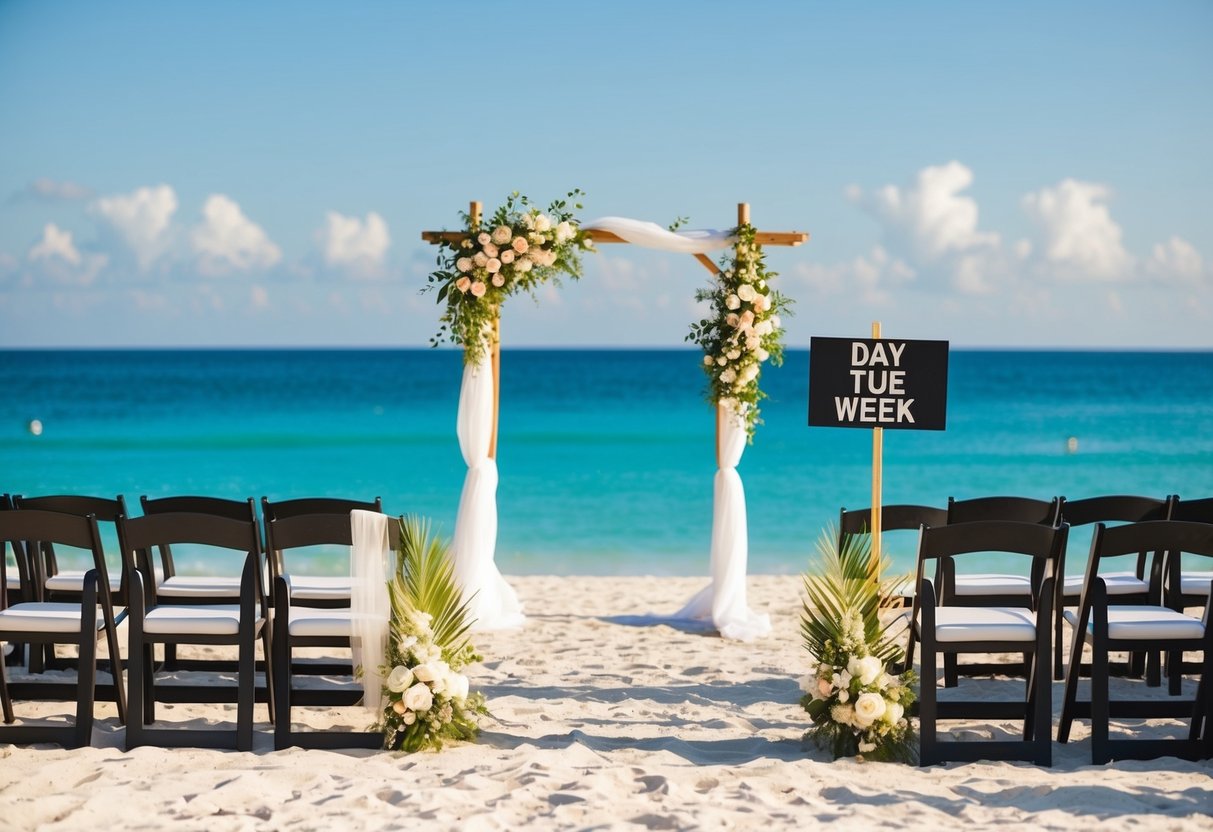 A sunny beach with a wedding arch, chairs, and a sign indicating the day of the week for a destination wedding