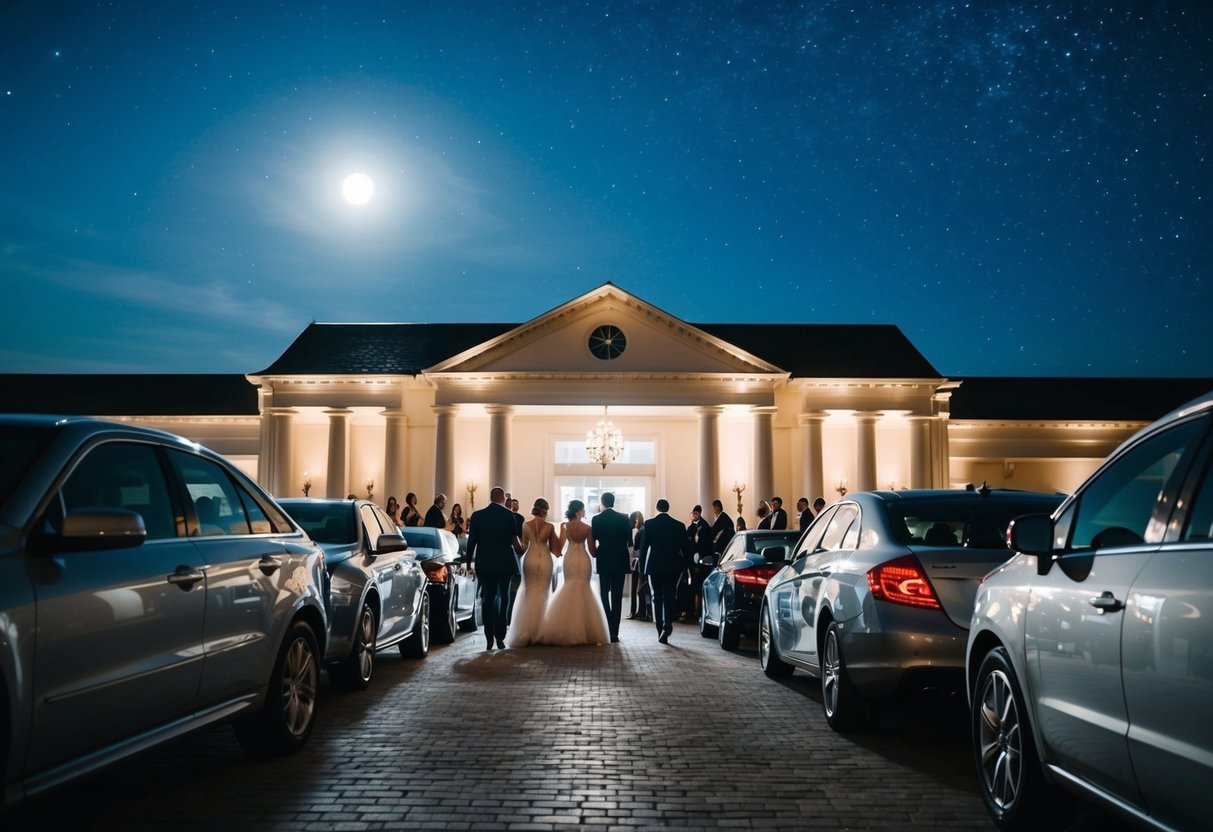 Guests exit a grand venue under a starry sky, cars line up, and the moon shines bright