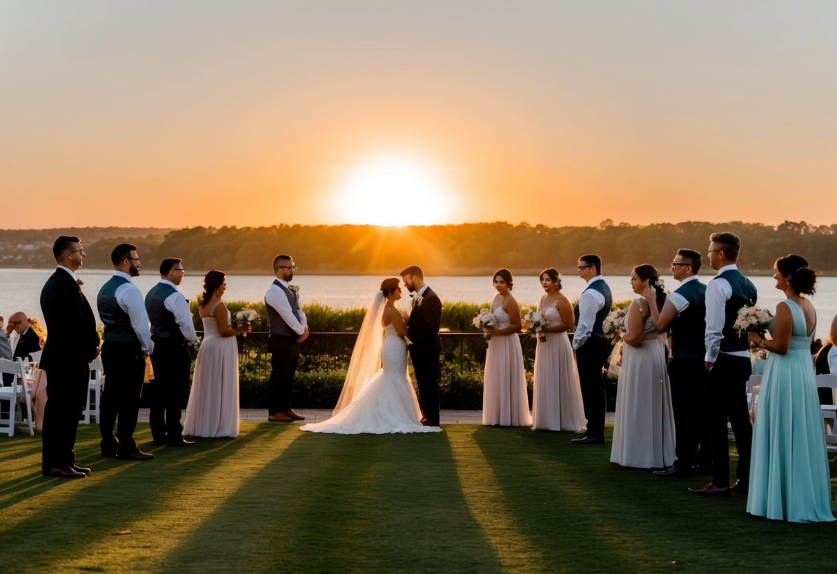 The sun dips below the horizon, casting a warm glow over the wedding venue as guests begin to bid their farewells