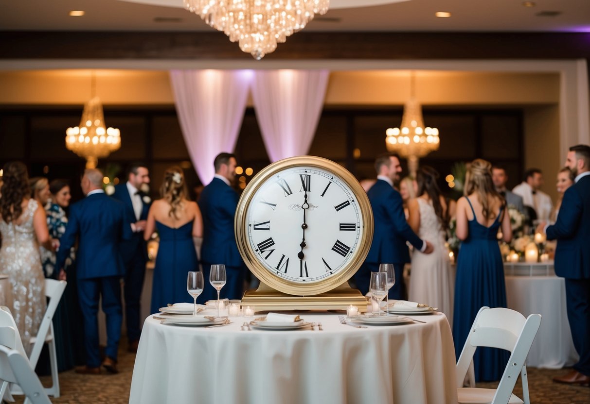 A clock striking midnight as guests begin to depart from a beautifully decorated wedding reception venue