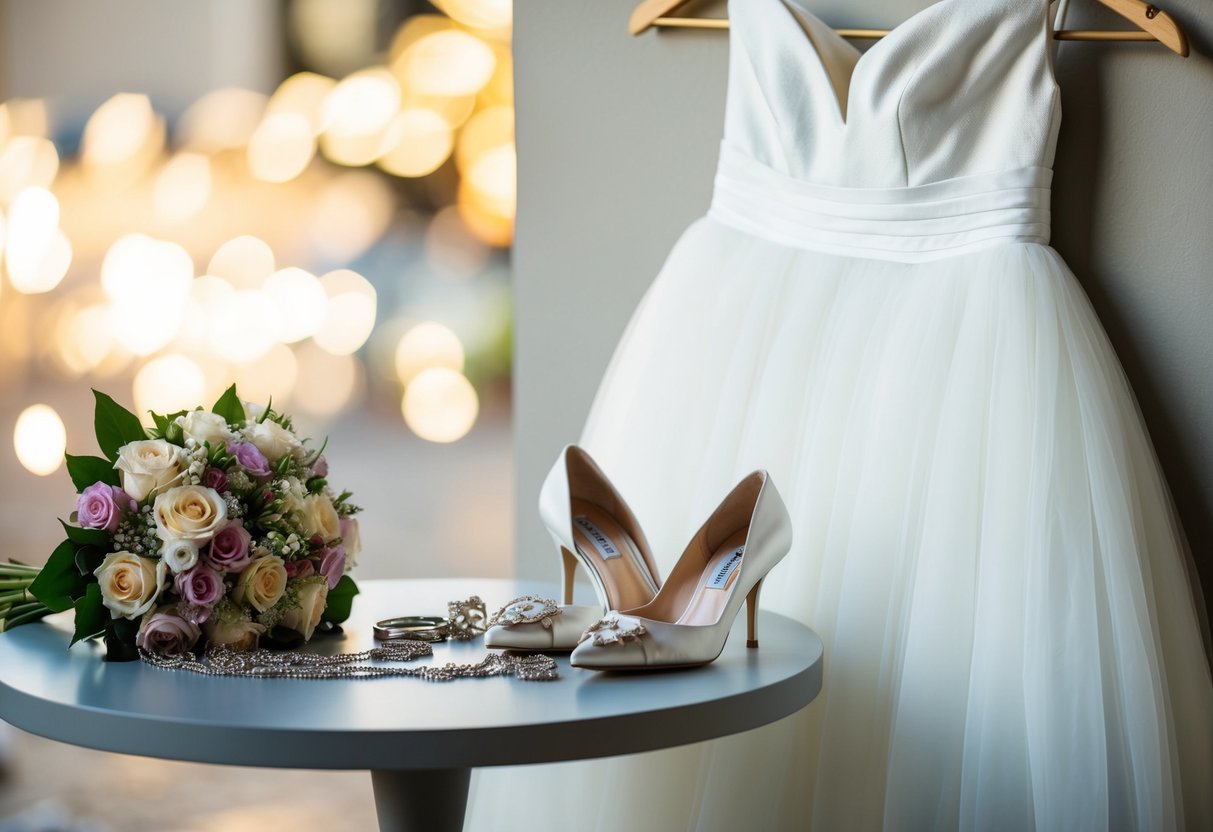 A white dress hung on a hanger, surrounded by scattered jewelry and a pair of elegant heels. A bouquet of flowers rested on a nearby table