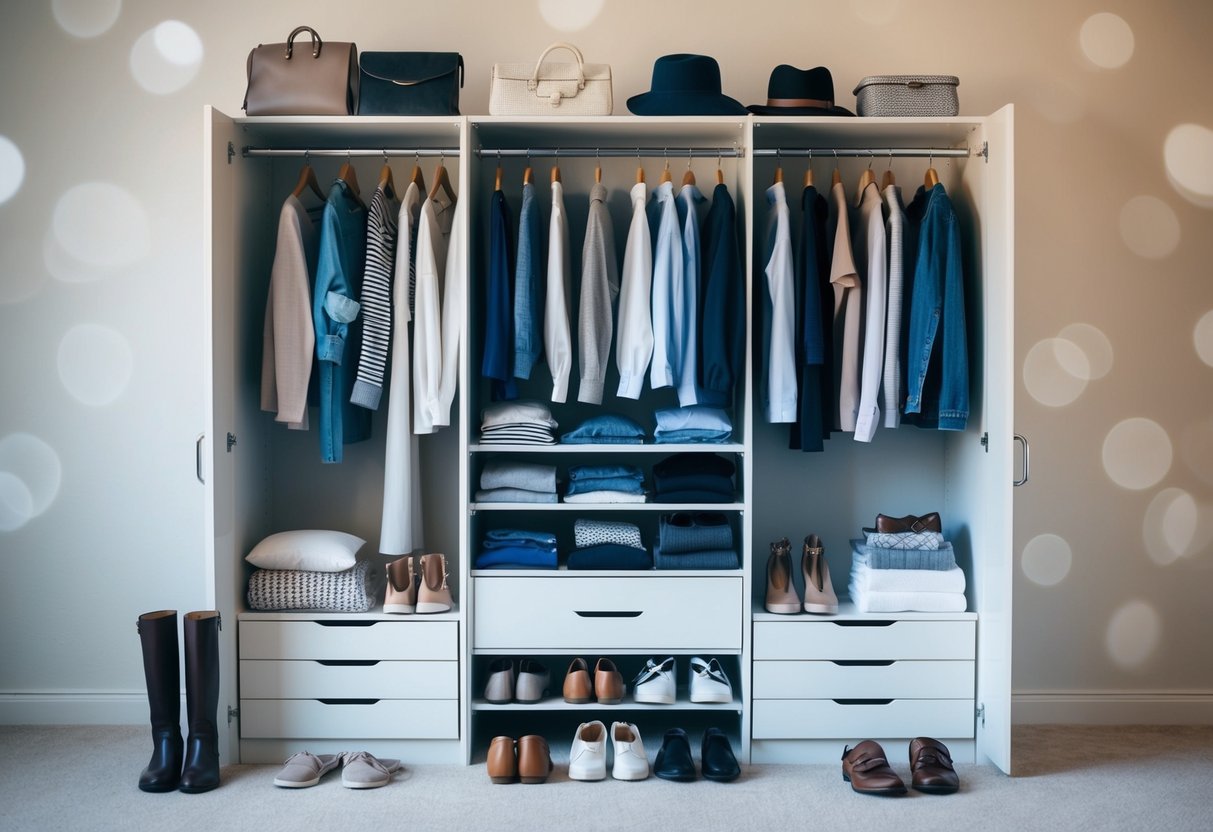 A neatly arranged wardrobe with a variety of clothing options, including casual and comfortable attire, accessories, and footwear