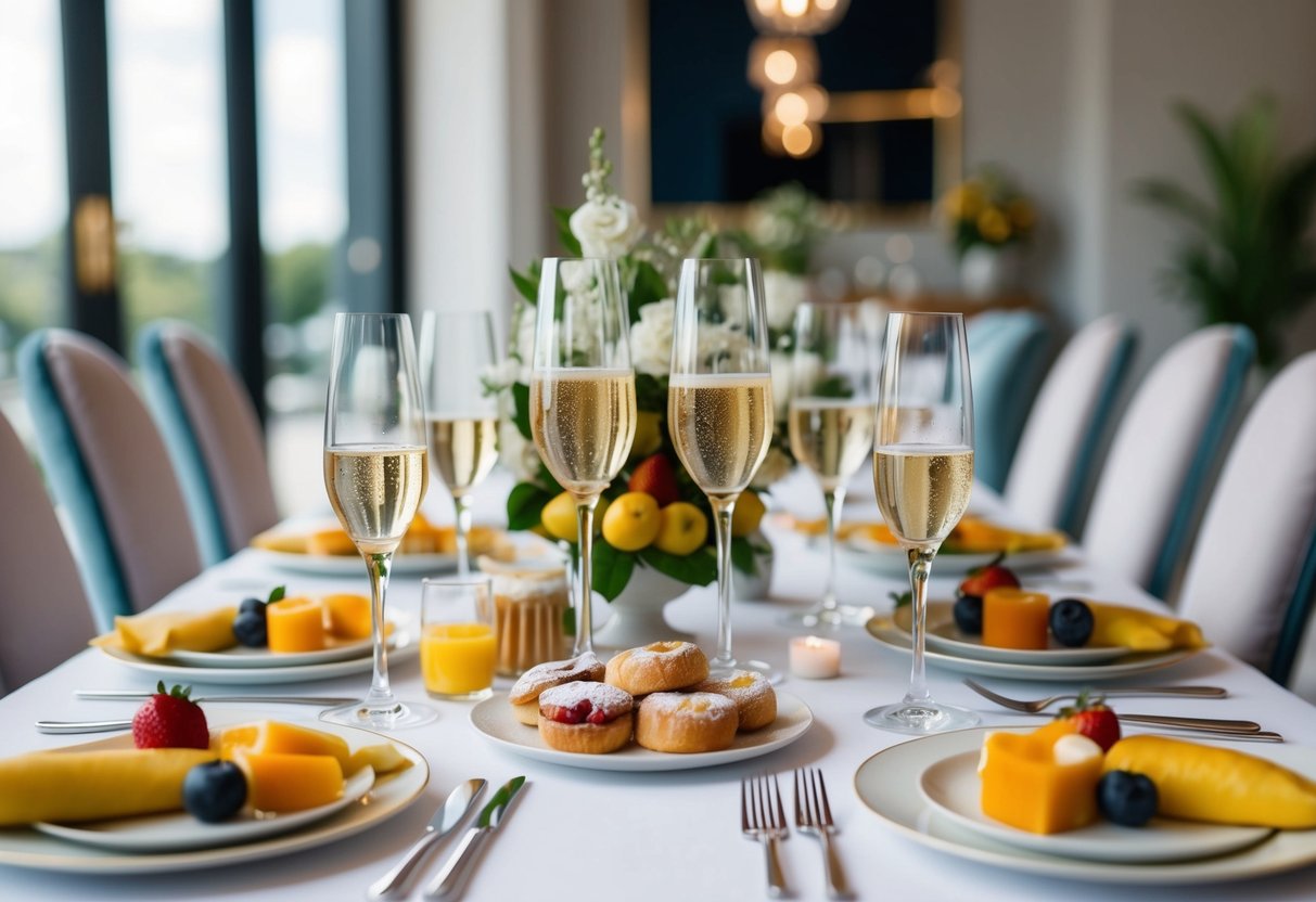 A table set with elegant brunch essentials, including champagne flutes, fresh fruit, pastries, and stylish attire for a post-wedding gathering