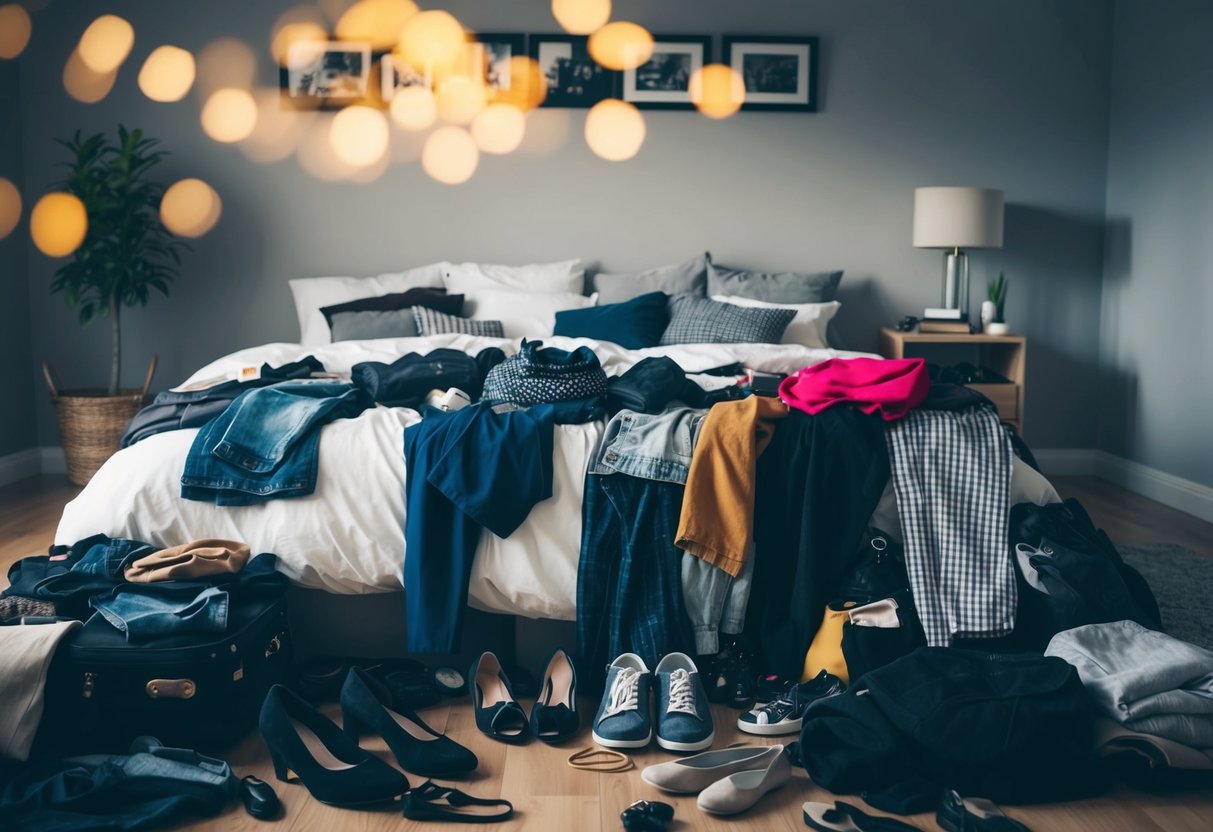 A cluttered bedroom with scattered clothing, shoes, and accessories on the floor and bed. A mix of formal and casual attire in disarray