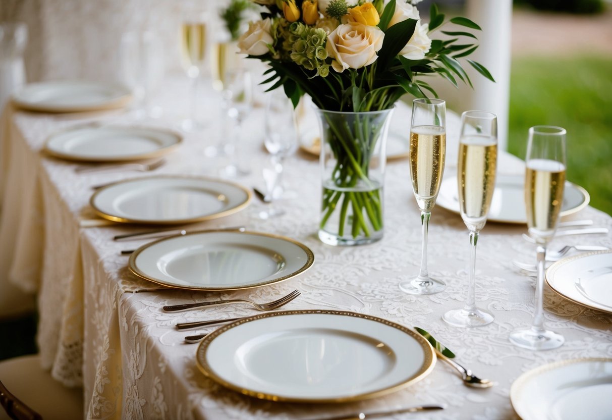 A table set with a delicate lace tablecloth, adorned with a vase of fresh flowers and a pair of elegant champagne flutes