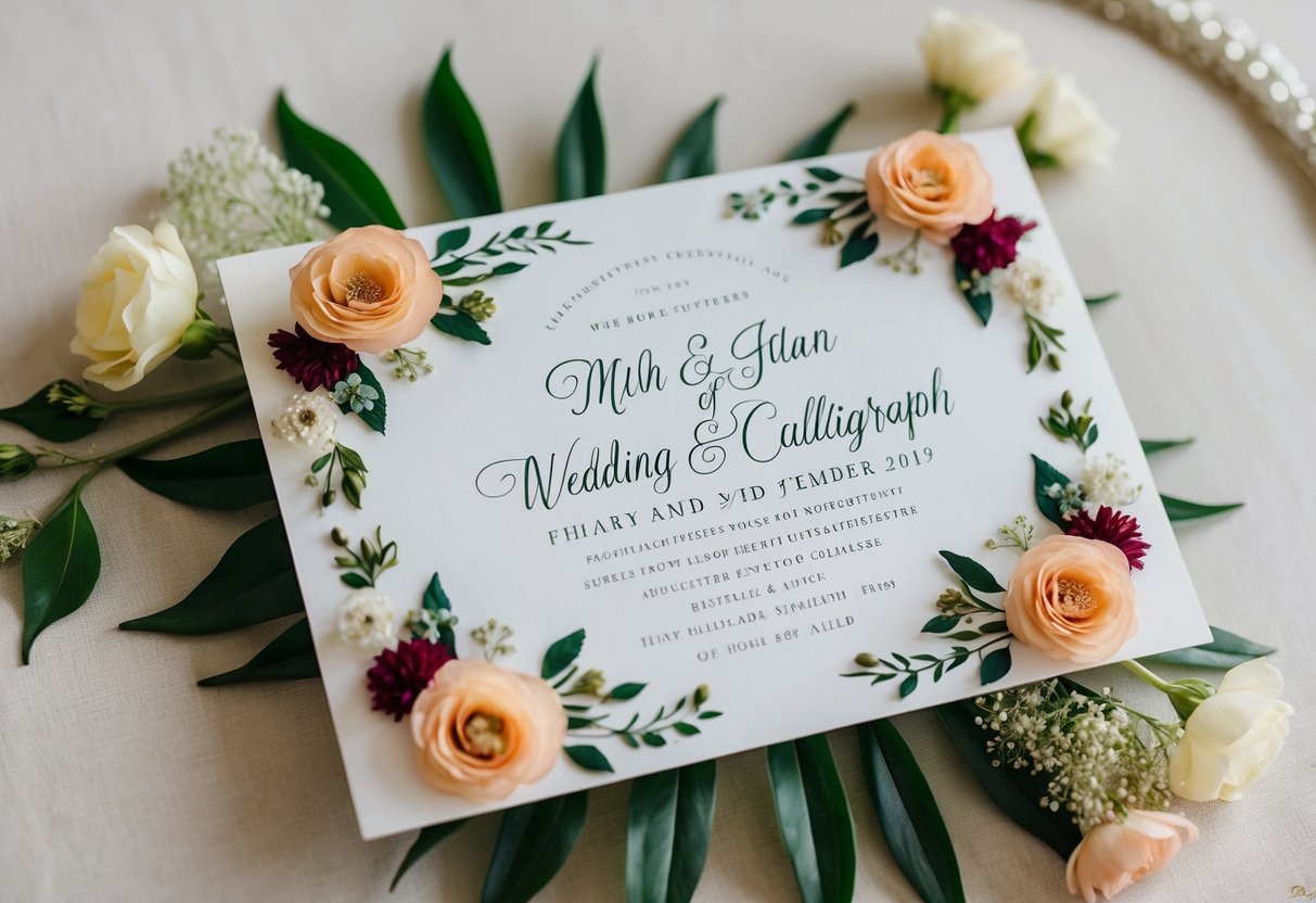 A beautifully decorated wedding announcement with elegant calligraphy and floral accents
