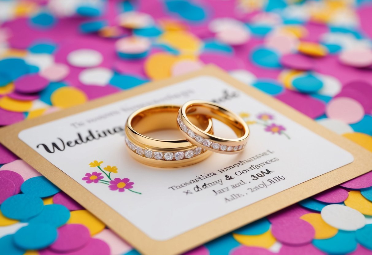 A whimsical wedding announcement with a pair of intertwined gold rings surrounded by colorful confetti and flowers
