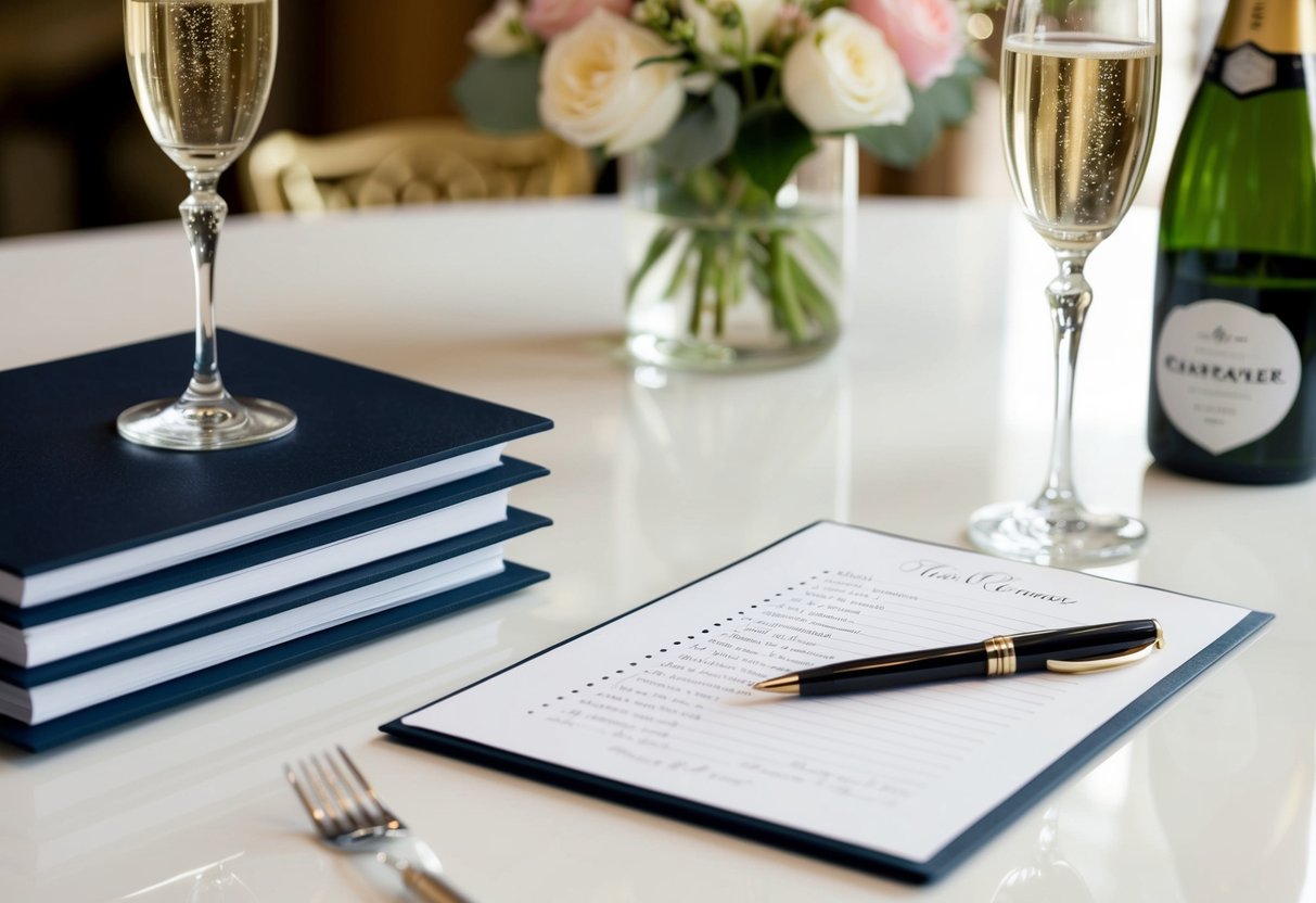 A table with elegant stationery, a pen, and a list of names. Flowers and champagne in the background