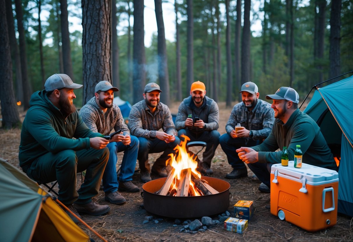 A group of men camping in the woods, with a bonfire, tents, and a cooler of drinks. Some are hunting, while others are playing games and laughing