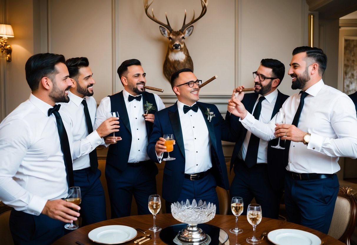A group of men in formal attire celebrating with cigars and drinks in a luxurious setting, with a stag's head mounted on the wall