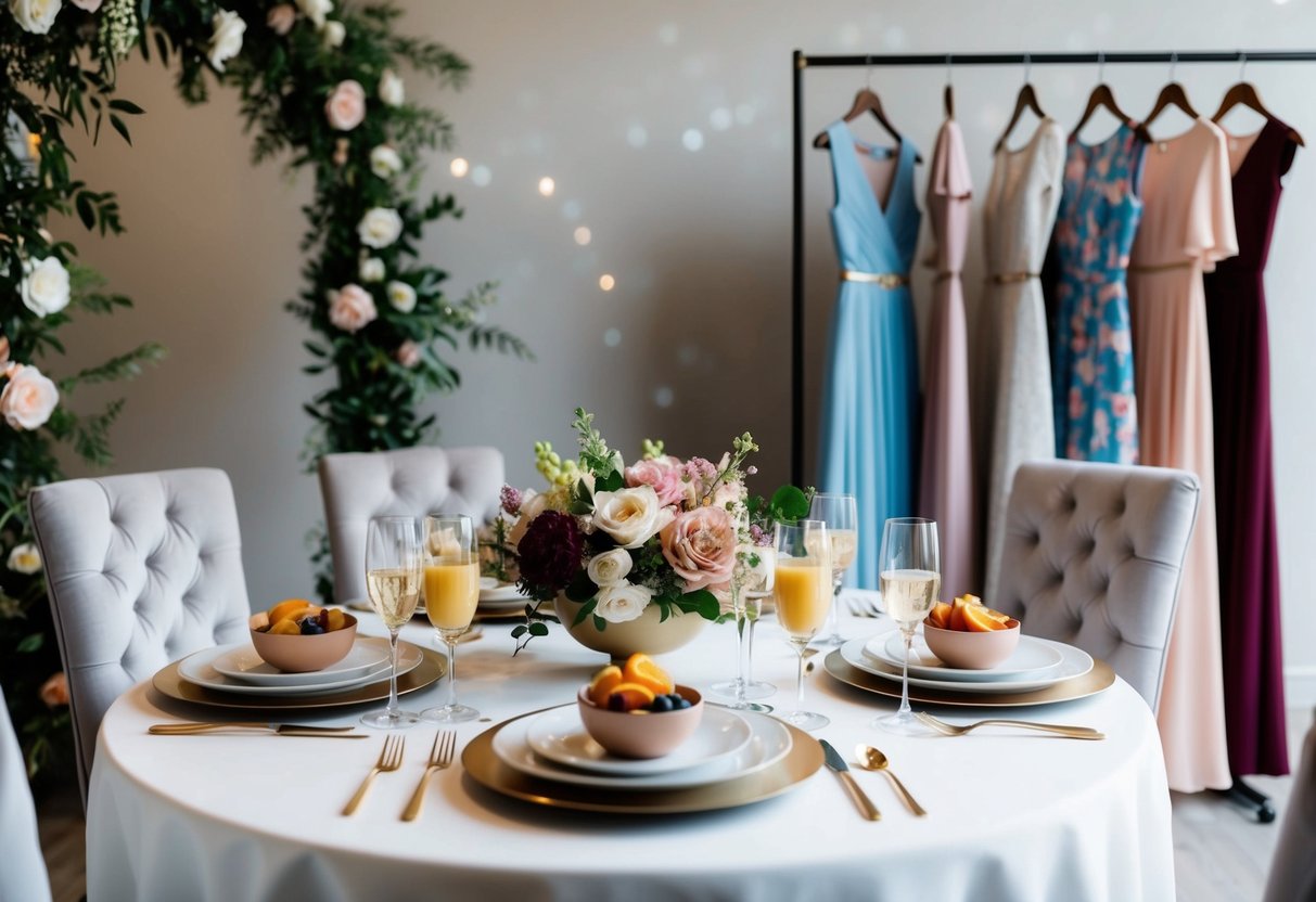 A table set with elegant brunch items, surrounded by floral decorations and a rack of stylish dresses