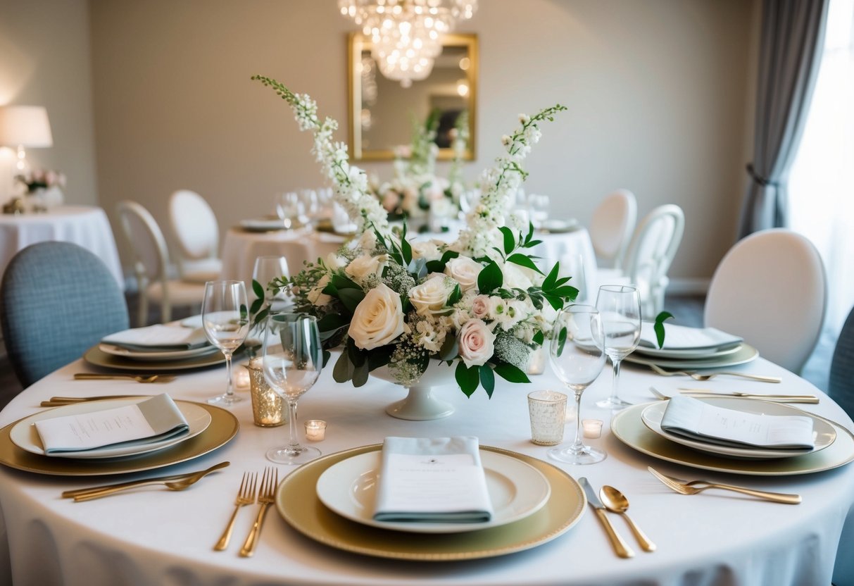 A table set with elegant place settings, adorned with delicate floral centerpieces, and surrounded by comfortable yet stylish attire options for a bridal brunch