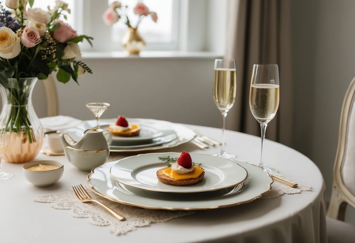 A table set with elegant brunch dishes, a bouquet of flowers, and a champagne glass with a delicate lace napkin and a small, dainty piece of jewelry