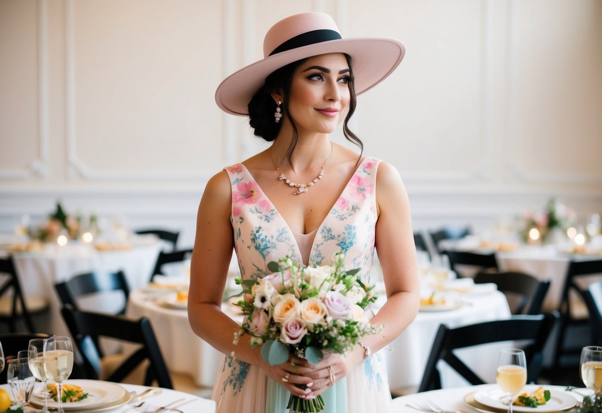 A bride in a pastel floral dress with a wide-brimmed hat and delicate jewelry, holding a bouquet, surrounded by tables set with elegant brunch dishes