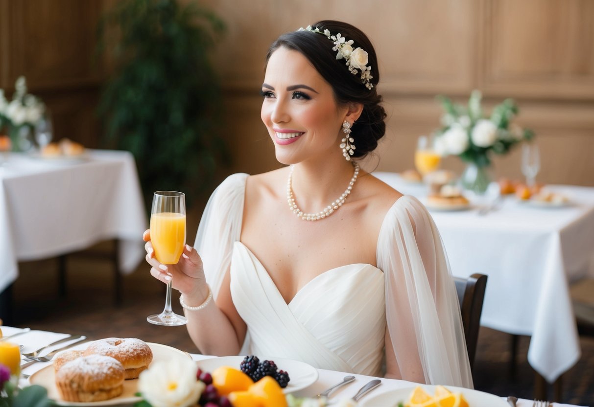 A bride's brunch look: a flowing white dress, delicate pearl earrings, and a floral hair accessory. A mimosa in hand, she smiles at a table set with pastries and fresh fruit