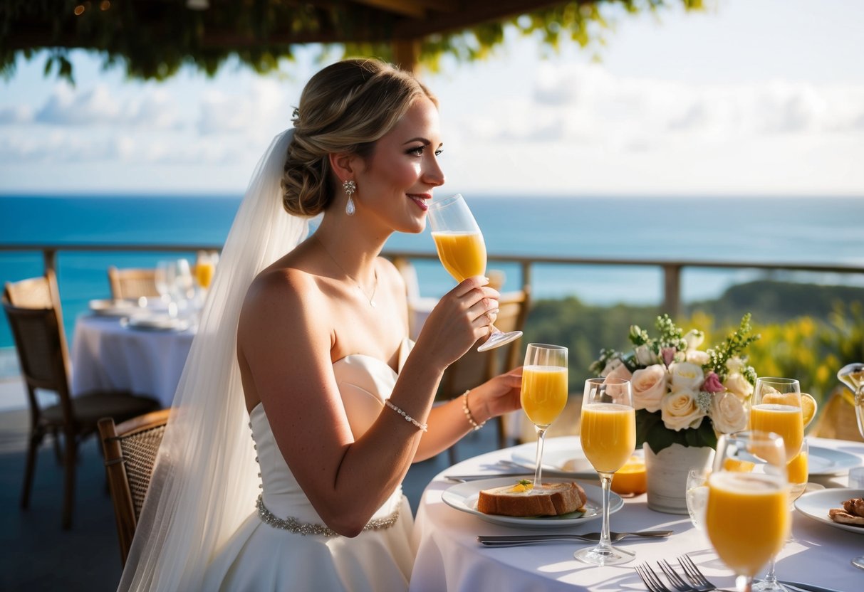 A bride wearing a flowy white dress, sipping mimosas at an outdoor brunch venue with a picturesque view of the ocean