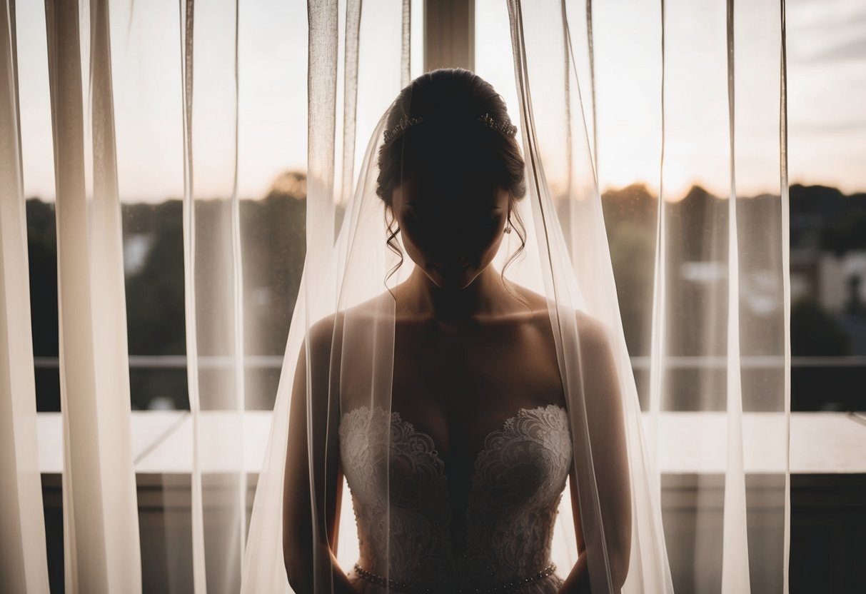 A bride hiding behind a sheer curtain, her silhouette visible but her face obscured