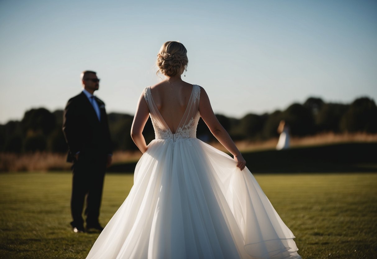 A bride in a flowing white gown, standing with her back turned, while a figure watches from a distance, obscured by shadows