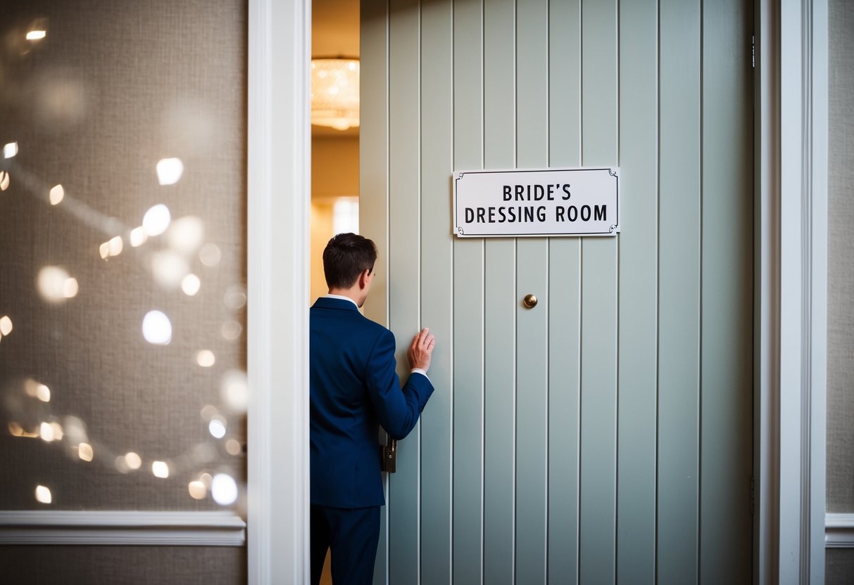 A figure waiting outside a closed door, with a sign indicating "Bride's Dressing Room."