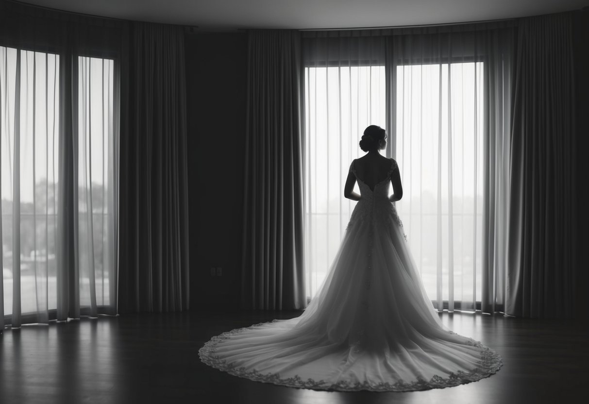 A bride's silhouette, obscured by a billowing curtain, stands alone in a dimly lit room, her presence hinted at but not fully revealed