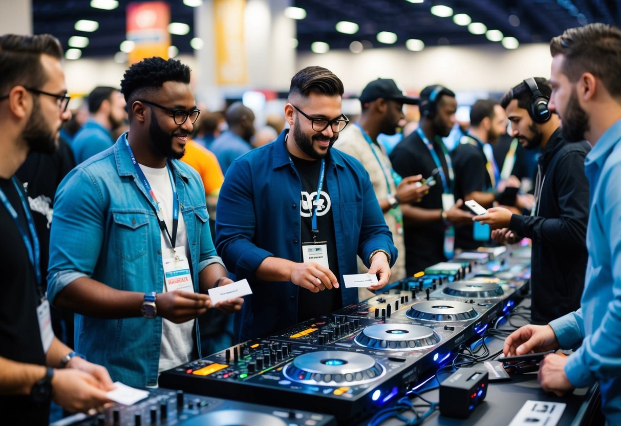 A DJ at a bustling music convention, exchanging business cards and USB drives with other DJs and music producers