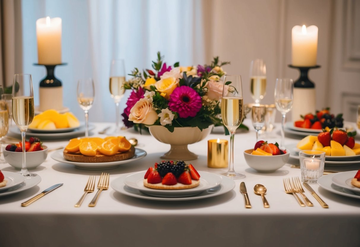 A table set with elegant dishes, fruits, pastries, and champagne glasses. Flowers and candles adorn the table